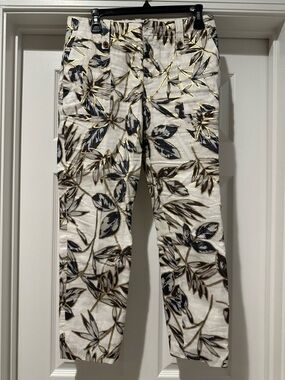 J. Crew White Linen Capri  Pants wi Navy and Brown Floral Print and Gold Detail